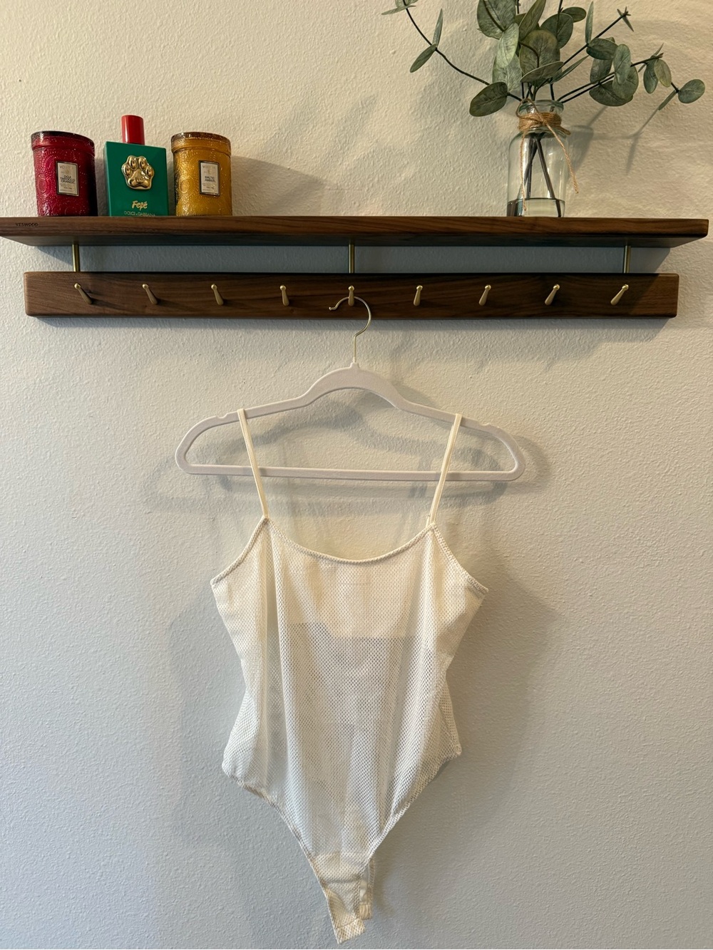superdown Cream Mesh Bandeau Bodysuit with Thin Straps
